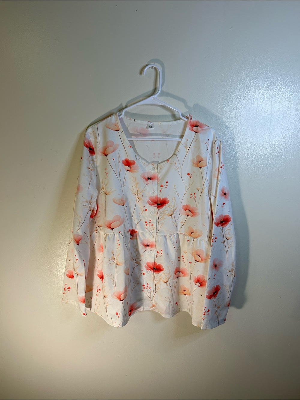 Floral Peplum V-Neck Long Sleeve Top - White with Coral Flowers